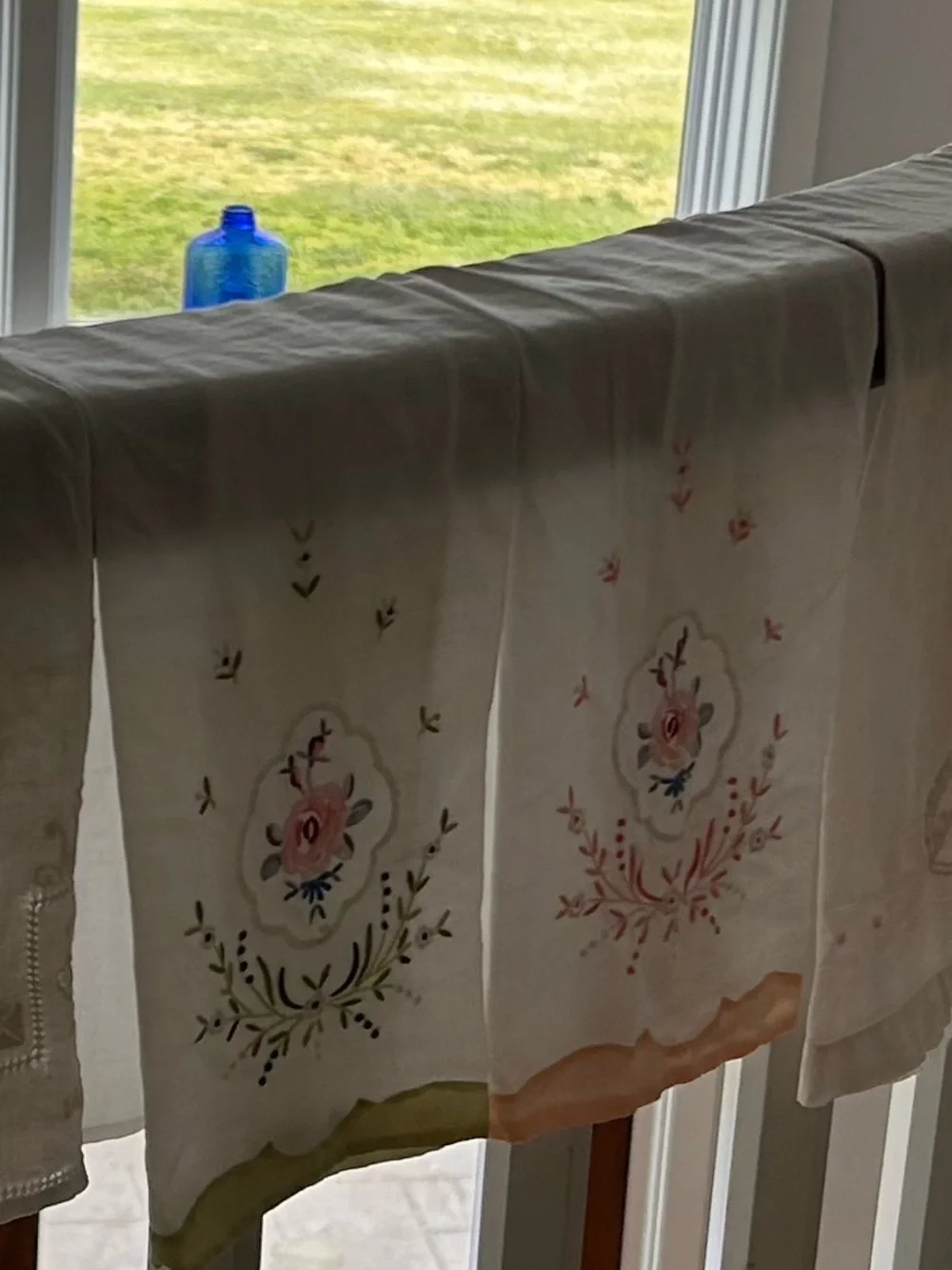Embroidered Floral Linen Tea Towels - Pink & Green Accents